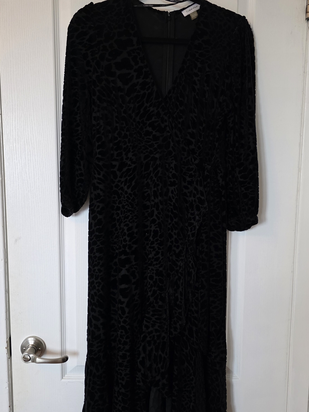 Calvin Klein Black Burnout Velvet Leopard Print Midi Faux-Wrap Dress